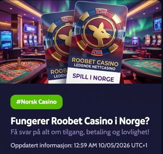 Banner med Roobet Casino chips og spørsmålet om det fungerer i Norge, med fokus på tilgang og lovlighet.
