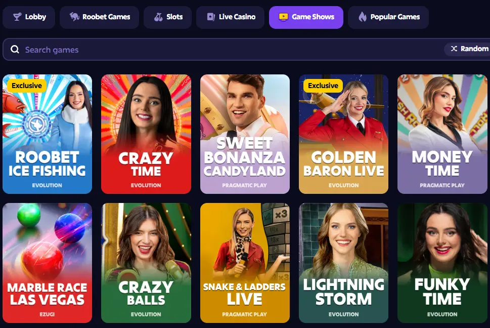 Live spillshow i lobbyen for spill på Roobet casino.