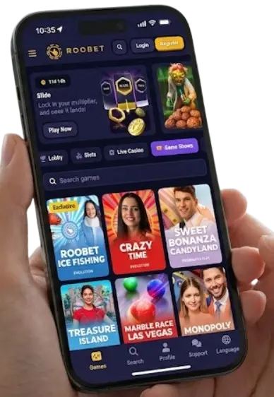 Mobilskjerm i hånd med Roobet casinolobby og spill for å vise mobilvennligheten.