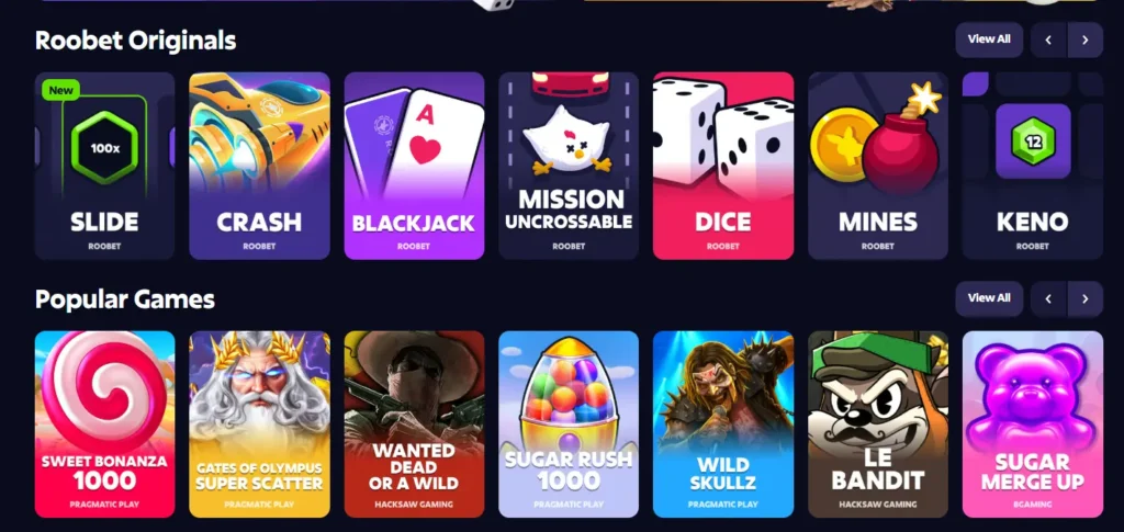 Oversikt over populære spill og Roobet Originals, som viser utvalget av tilgjengelige casinospill.