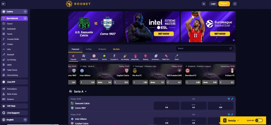 Roobet sportsspillside med odds på fotball og basketball, som viser bettingmuligheter i Norge.