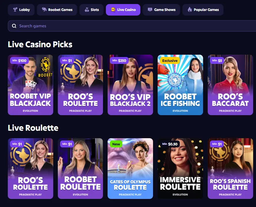 Utvalg av live casinospill som roulette og blackjack, viktig for å vise spillvariasjon på Roobet.