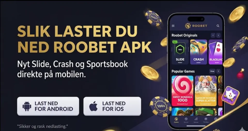Banner for nedlasting av Roobet APK på mobil for å spille kasino.