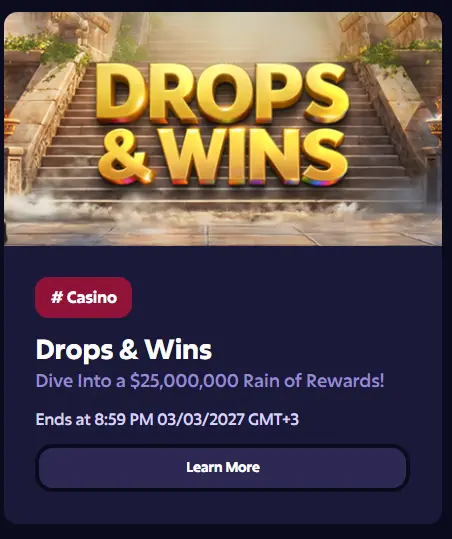 Drops & Wins-kampanje for Roobet Casino som fremhever en premiepotte på $25 millioner.