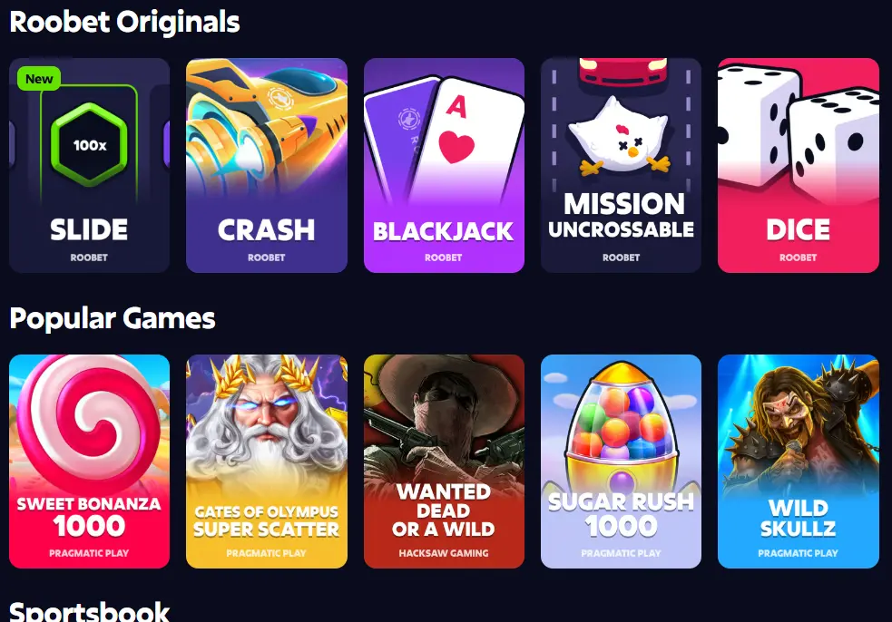 Roobet Originals og populære spill som viser bredden av spillutvalget hos Roobet