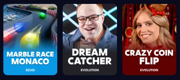 Utvalgte live casinospill hos Roobet som Dream Catcher for en interaktiv spillopplevelse.
