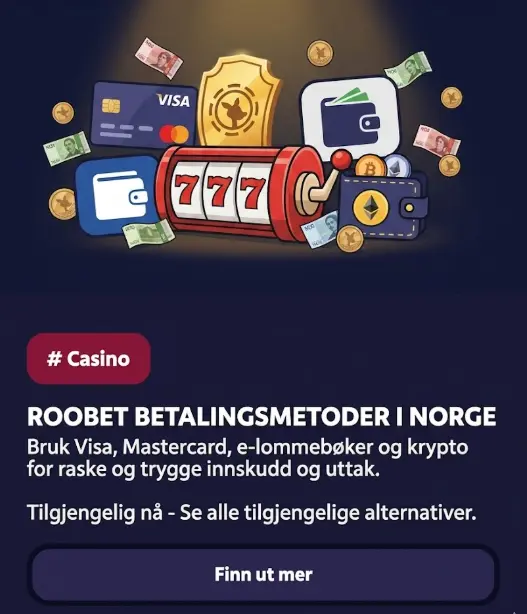 Oversikt over Roobet betalingsmetoder i Norge med ikoner for kort, e-lommebøker og krypto.
