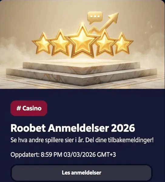 Fem gulle-stjerner på et poduim for Roobet anmeldelser 2026 for å vise spillernes tilfredshet.