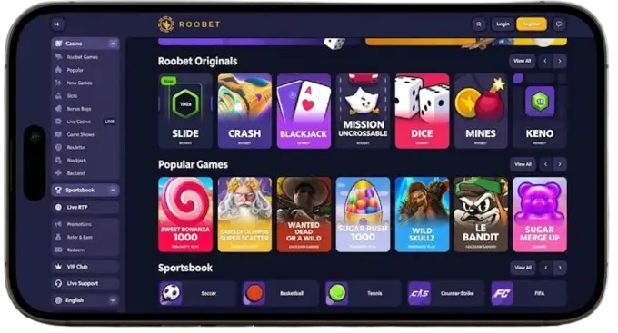 Mobilskjerm med spillobby for nettcasinoet roobet casino.